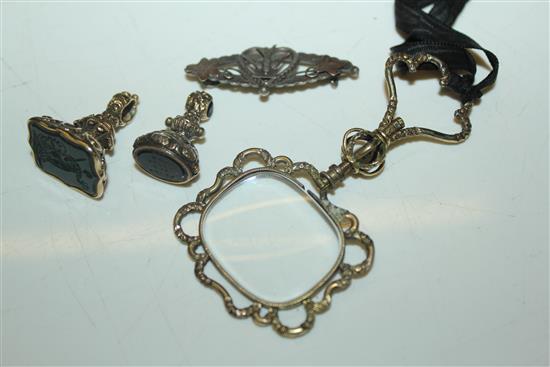 2 x gold overlaid fob seals, a silver brooch and a magnifying glass